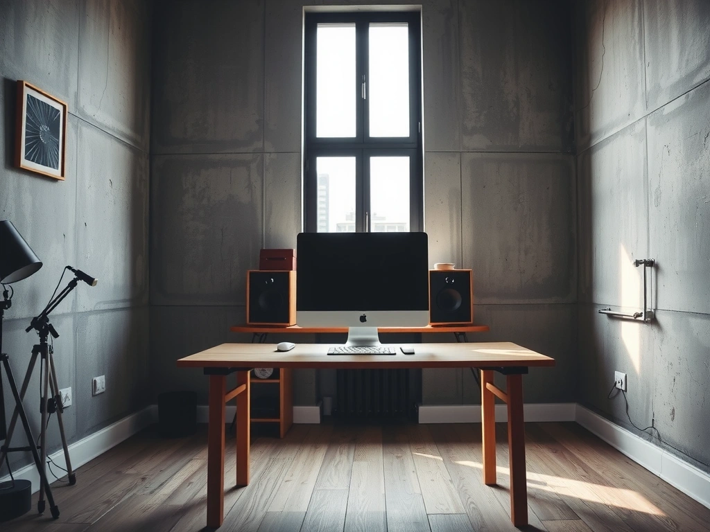 Interior view of the layzivo studio workspace showing raw concrete and a single monitor.
